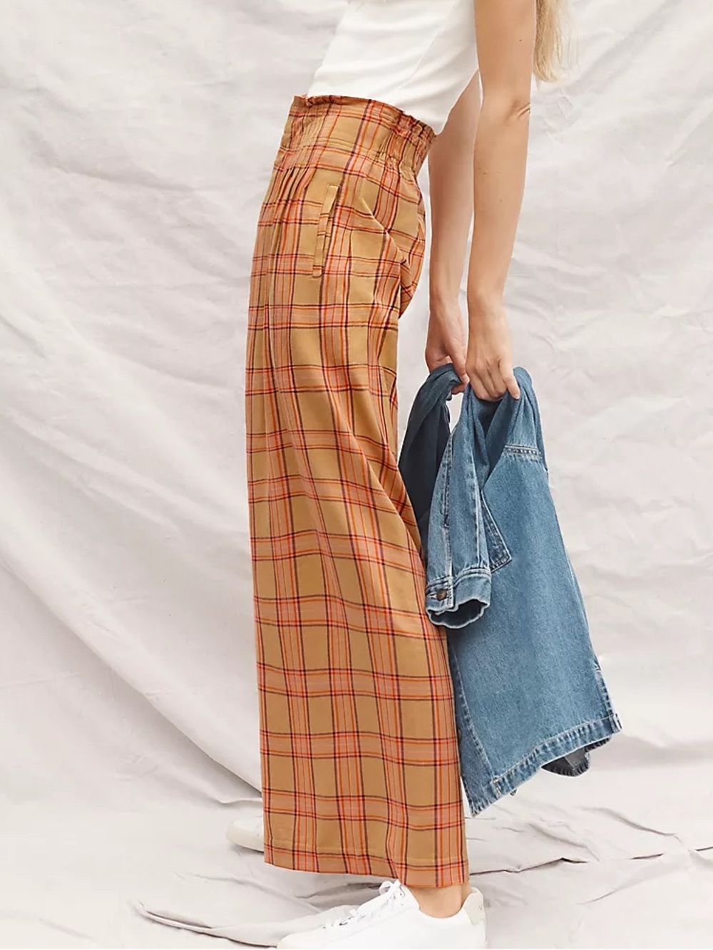 Anthropologie women’s 1X Maeve Albane Plaid Pants high rise wide leg in tan